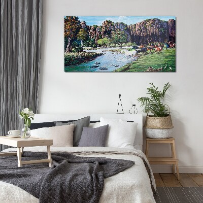 Glasbild Landschaft mit Pferden am Fluss