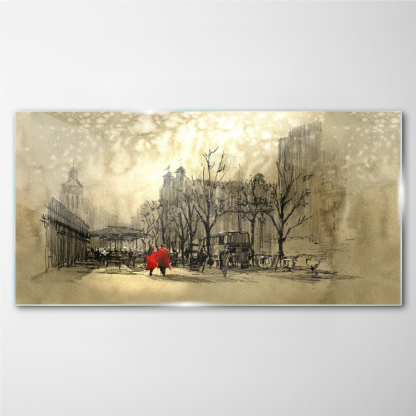 Glasbild Roter Mantel im Stadtbild