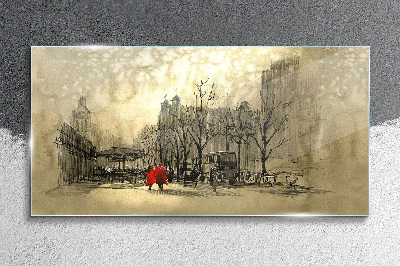 Glasbild Roter Mantel im Stadtbild