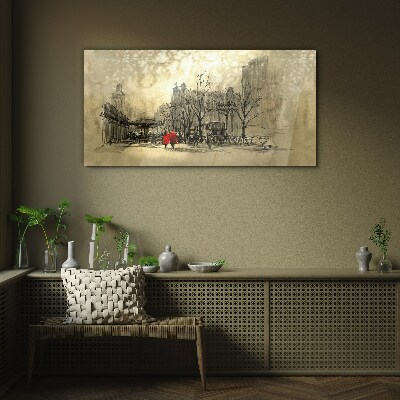 Glasbild Roter Mantel im Stadtbild
