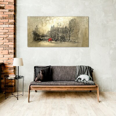 Glasbild Roter Mantel im Stadtbild