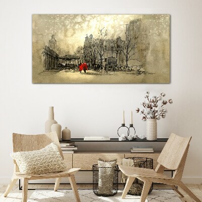 Glasbild Roter Mantel im Stadtbild