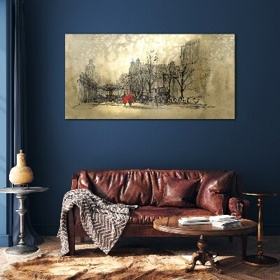 Glasbild Roter Mantel im Stadtbild