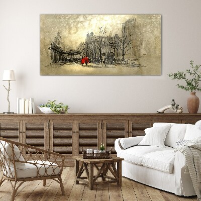 Glasbild Roter Mantel im Stadtbild