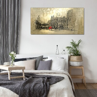 Glasbild Roter Mantel im Stadtbild