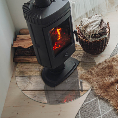 Runde Kamin Glasplatte Holzbrett Textur