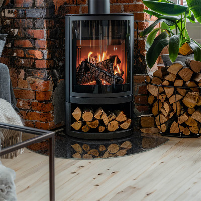 Glasplatte für Kamin Viertelkreis Natursteinstruktur