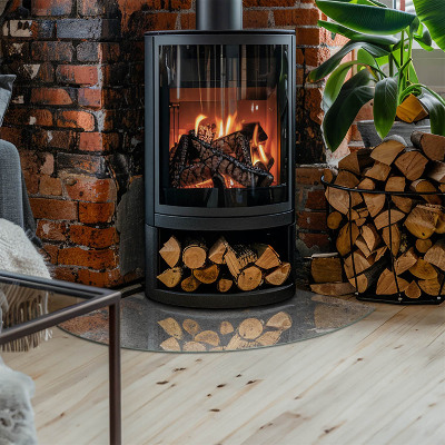 Glasplatte für Kamin Viertelkreis Rohbetonstruktur