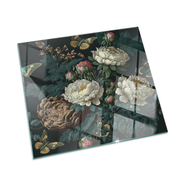 Vorlegeplatte für Kaminöfen Blumenmotiv mit Schmetterlingen
