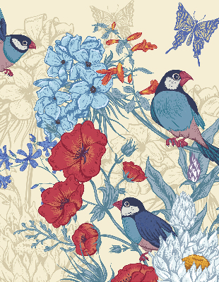 Rollo Vögel zwischen Blumen