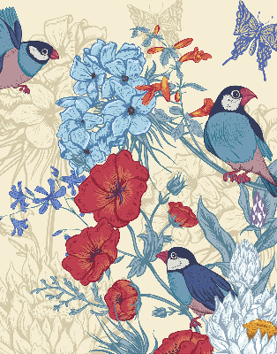 Rollo Vögel zwischen Blumen