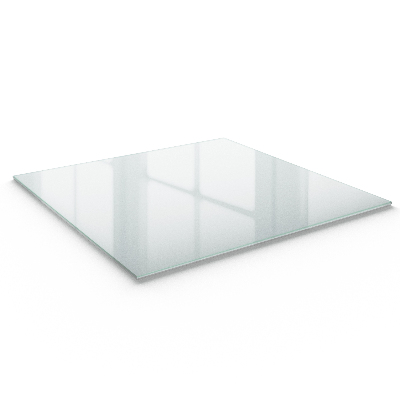 Tischplatte aus halbtransparentem Glas in quadratischer Form