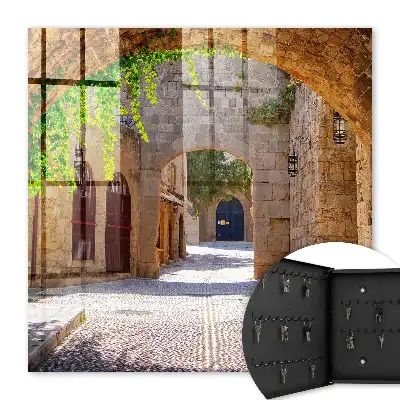 Eine Steinstraße mit Architektur und Grünflächen