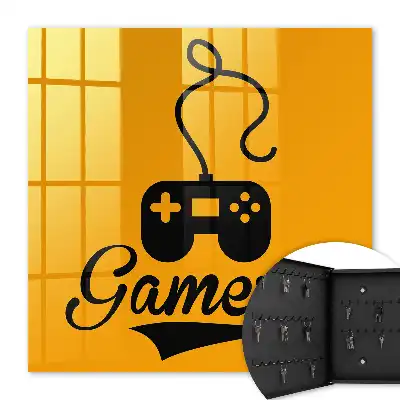 Gamepad und orangefarbene Beschriftung