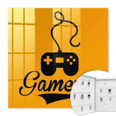 Gamepad und orangefarbene Beschriftung