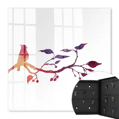 Ein Ast mit einem Vogel in roten und violetten Farben