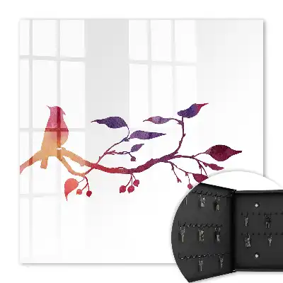 Ein Ast mit einem Vogel in roten und violetten Farben