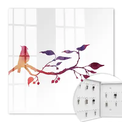 Ein Ast mit einem Vogel in roten und violetten Farben