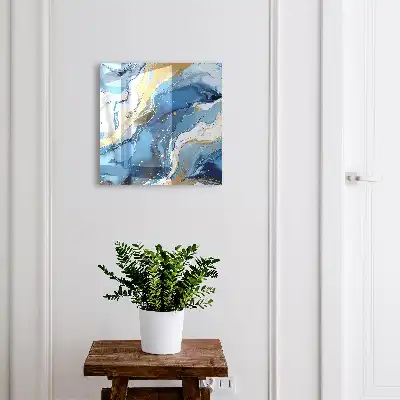 Farbenfrohe abstrakte Wandkunst in Blau und Gelb mit wirbelndem Design