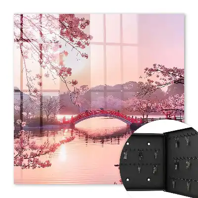 Frühlingsbrücke mit Kirschbäumen und Sonne