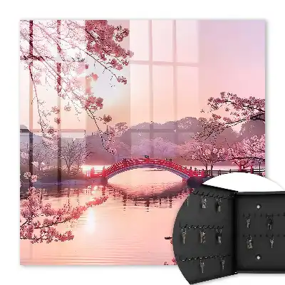 Frühlingsbrücke mit Kirschbäumen und Sonne