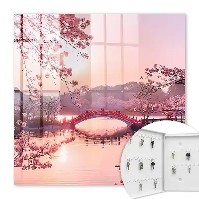 Frühlingsbrücke mit Kirschbäumen und Sonne