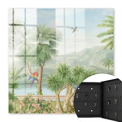 Ein tropisches Paradies mit Palmen und Papageien
