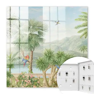 Ein tropisches Paradies mit Palmen und Papageien