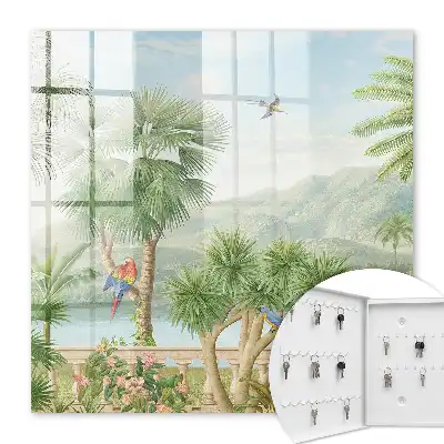Ein tropisches Paradies mit Palmen und Papageien