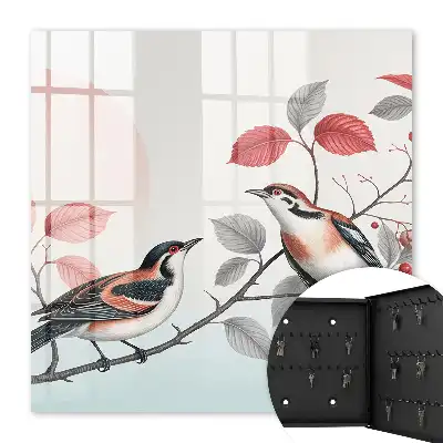 Wandbild mit Vögeln und Naturmotiven auf pastellfarbenem Hintergrund