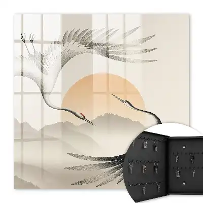 Wandbild Japanische Kraniche vor aufgehender Sonne