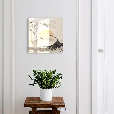 Wandbild Japanische Kraniche vor aufgehender Sonne