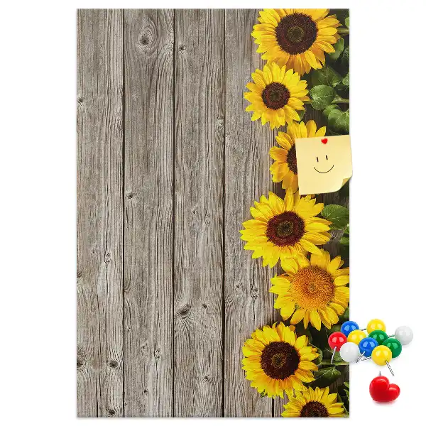 Pinnwand aus Kork mit Sonnenblumen-Motiv auf Holzoptik