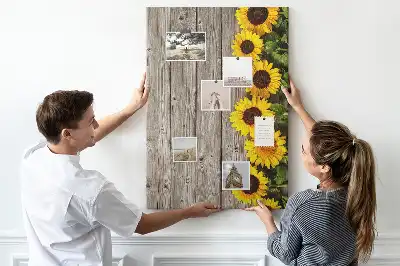 Pinnwand aus Kork mit Sonnenblumen-Motiv auf Holzoptik