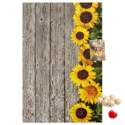 Pinnwand aus Kork mit Sonnenblumen-Motiv auf Holzoptik