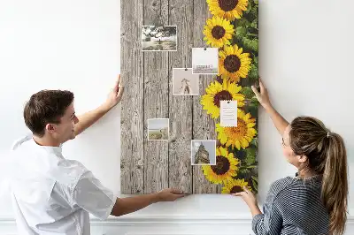 Pinnwand aus Kork mit Sonnenblumen-Motiv auf Holzoptik