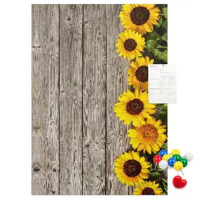 Pinnwand aus Kork mit Sonnenblumen-Motiv auf Holzoptik