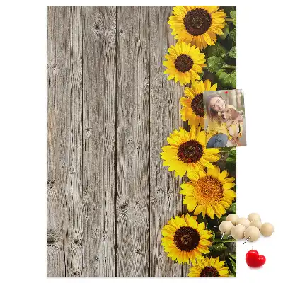 Pinnwand aus Kork mit Sonnenblumen-Motiv auf Holzoptik