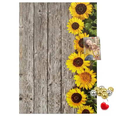 Pinnwand aus Kork mit Sonnenblumen-Motiv auf Holzoptik