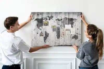 Bilder-Korktafel Weltkarte auf Holz