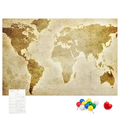 Historische Korktafel mit Weltkarten-Motiv im Retro-Stil