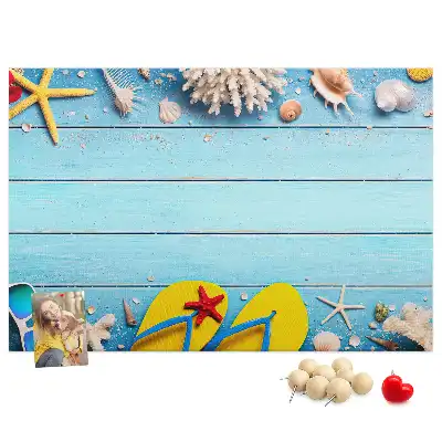 Bilder-Korktafel mit Muschel- und Strandmotiven