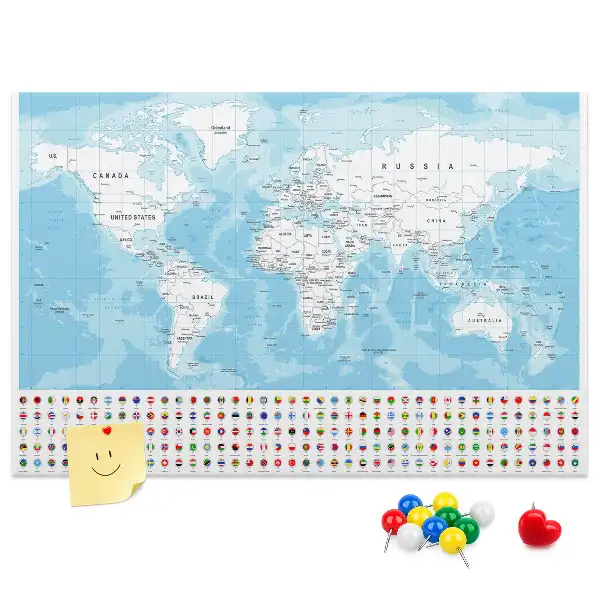 Bilder-Korktafel mit Illustration einer Kontinentkarte