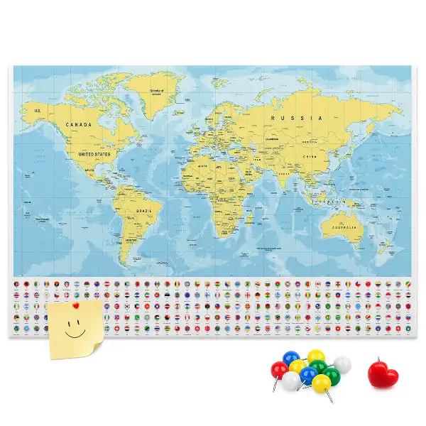 Korktafel Weltkarte mit Flaggen