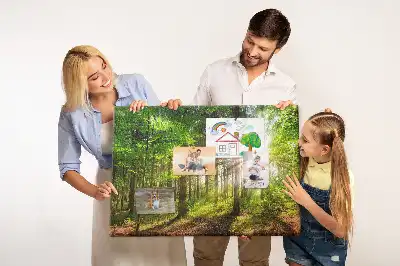 Kork-Pinnwand mit Wald-Motiv bei Sonnenaufgang