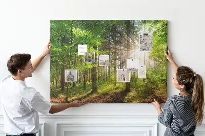 Kork-Pinnwand mit Wald-Motiv bei Sonnenaufgang