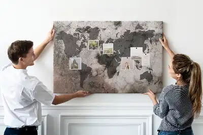 Bilder-Korktafel mit Weltkarten-Motiv in Sichtbeton-Optik
