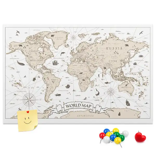 Bilder-Korktafel mit gealtertem Weltatlas-Design im Vintage-Stil