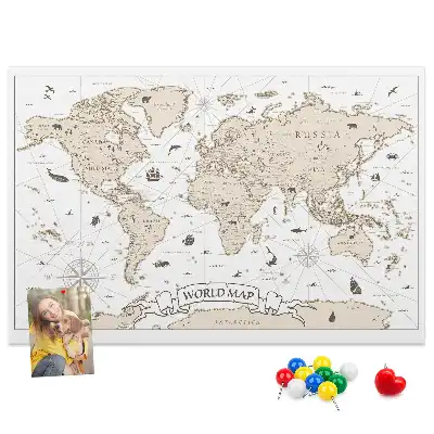 Bilder-Korktafel mit gealtertem Weltatlas-Design im Vintage-Stil