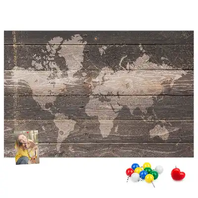 Bilder-Korktafel Weltkarte auf Holz